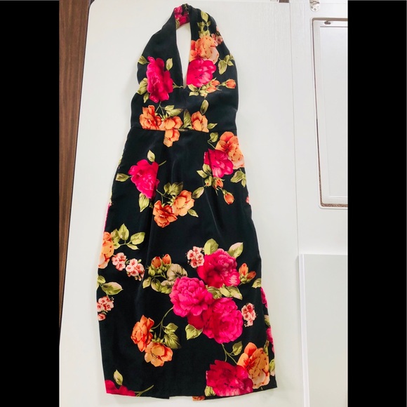 VTG 90's/50's Black bright lg. floral halter dress & Peplum apron size 4 petite - Picture 1 of 17